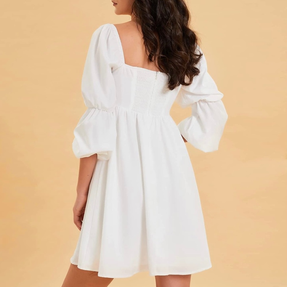 EXLURA Womens Square Neck Dress Long Puff Sleeve A-Line Casual Short Mini Dress